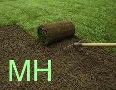 Rasen wird auf eine Gartenfläche verlegt, Hände greifen nach einem Rollrasen.